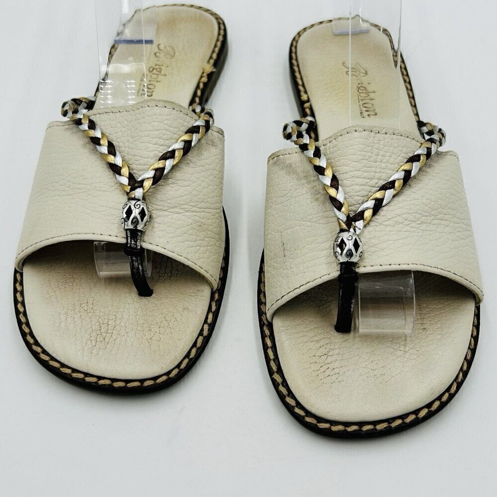 Brighton Ivory Leather Slides Sandals Metallic Braiding Sz 7.5 Flats Olive Beach